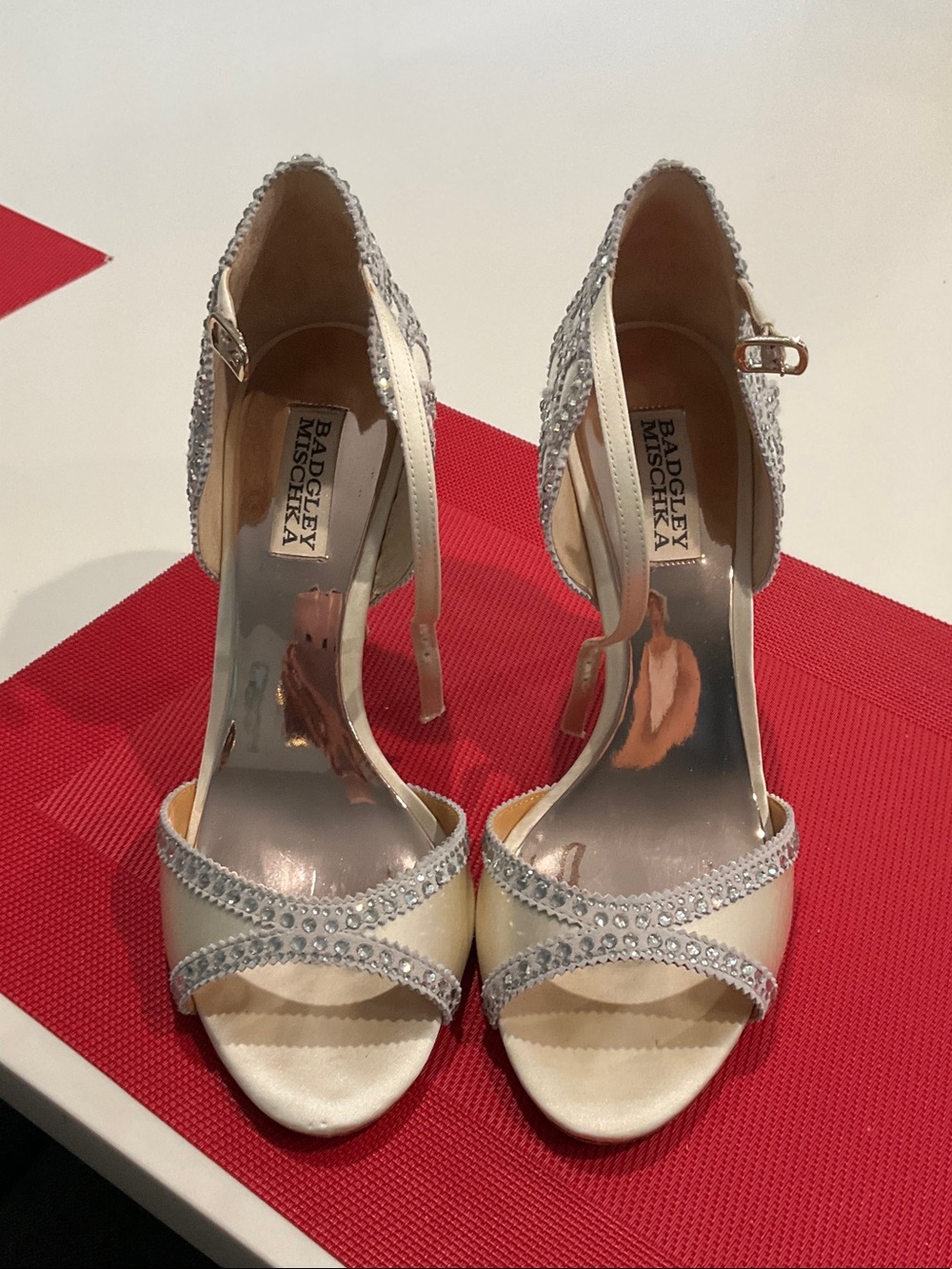 Badgley Mischka Ivory Satin Crystal-Strap Open-Toe Heels